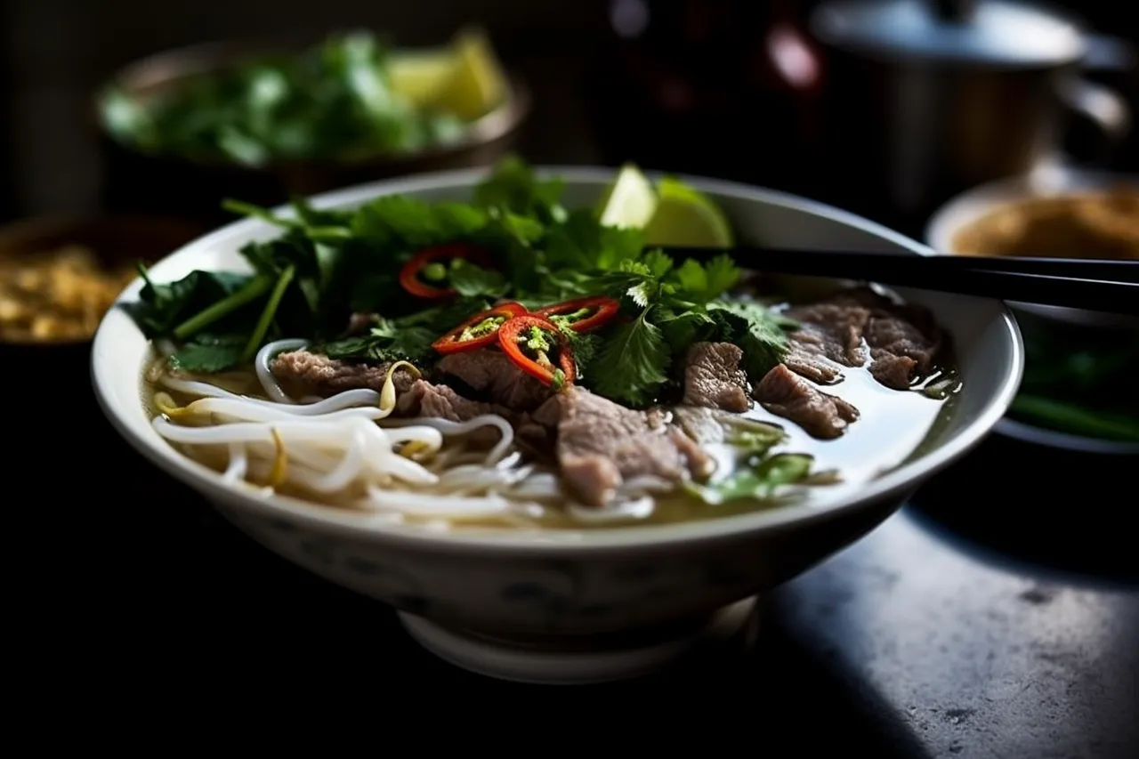 Noodle pho with beef in a bowl